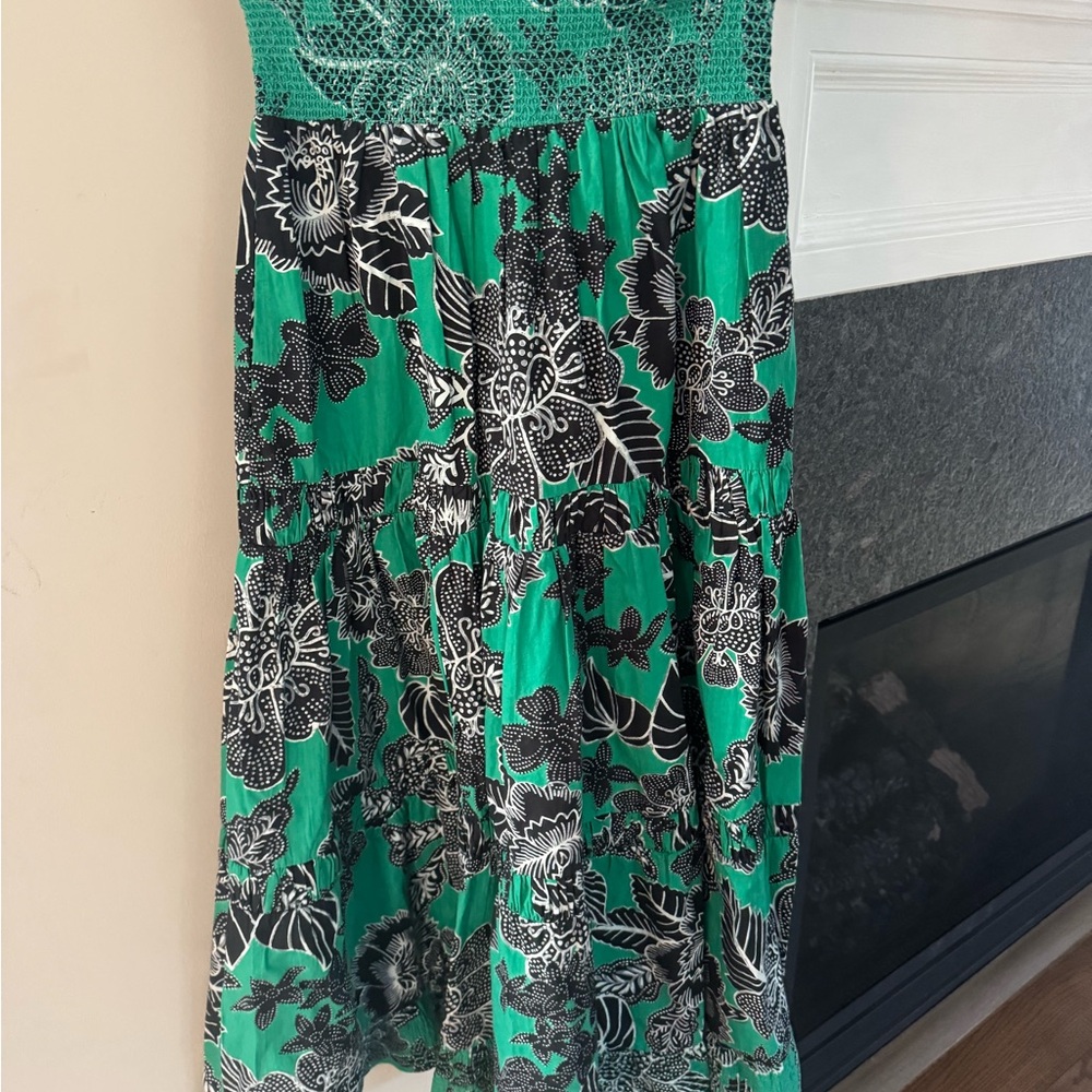 Green Floral Tiered Midi Skirt with Black & White Print